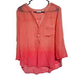 Liz Claiborne Sheer Coral Ombre Blouse Womens Size Large Tunic Top Button Detail